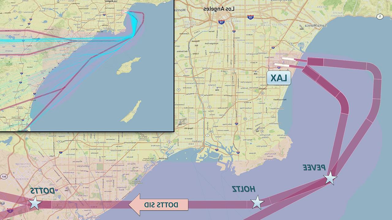 Map showing airspace in Southern California, detailing departure routes from LAX and concentrated ground tracks